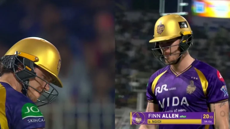 Finn Allen punches bat in anger after being dismissed by Lungi Ngidi in KKR vs DC